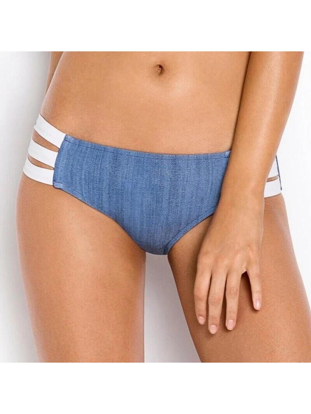 Seafolly Australia Block Party Multi Strap Hipster Denim Bikini Bottom Sz USA 8